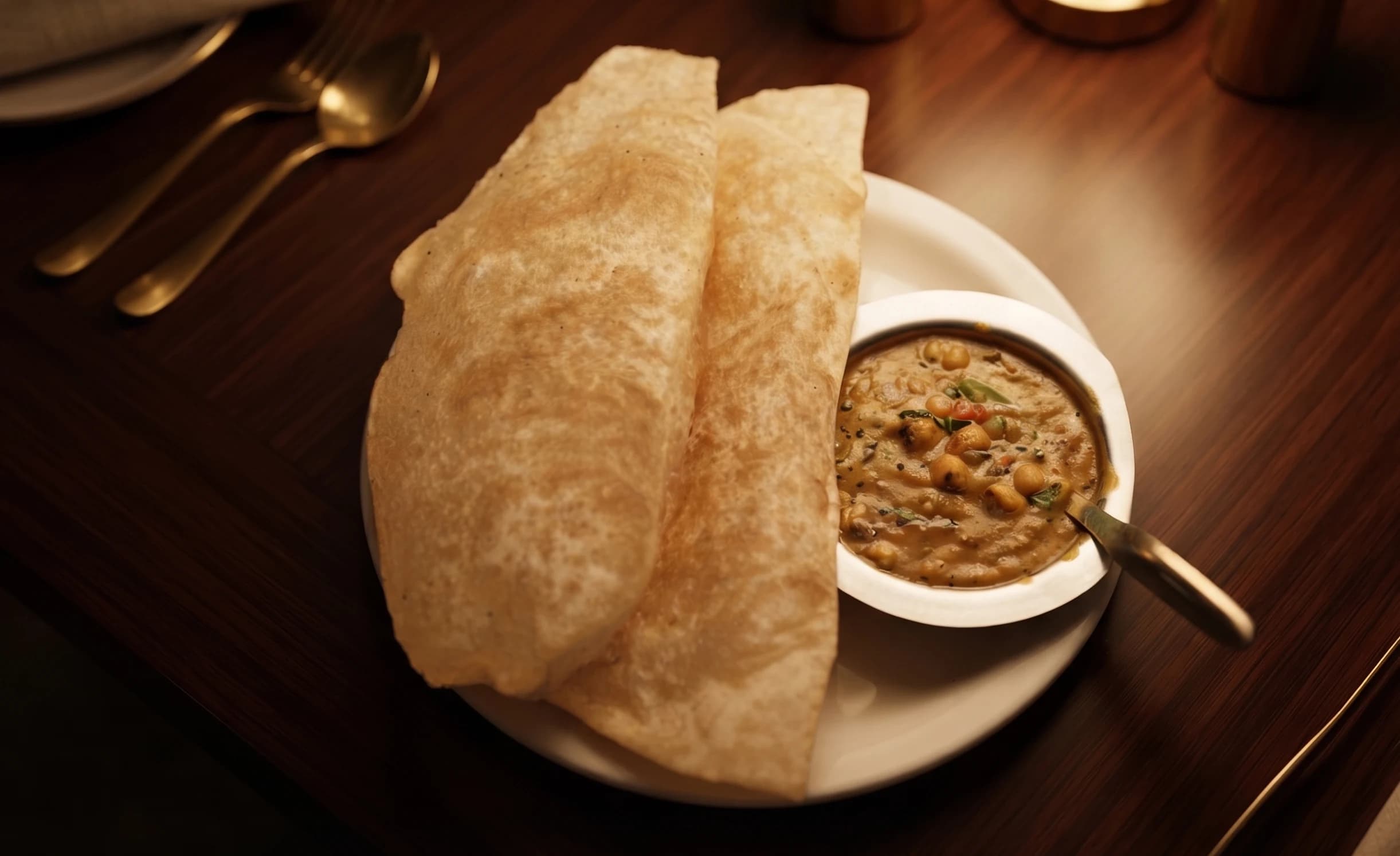 Fluffy bhatura served with spiced chickpea curry