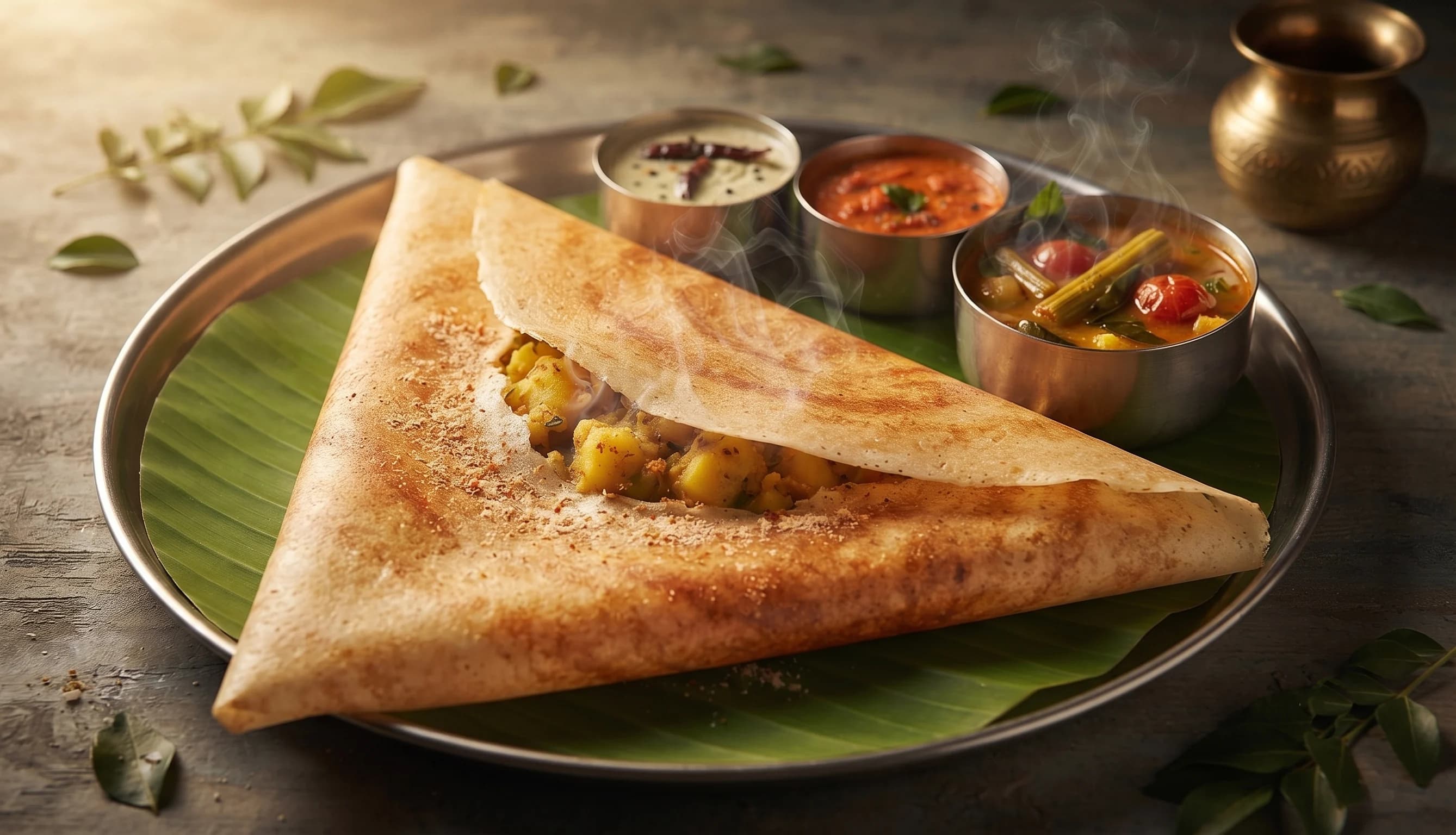 Crispy golden masala dosa with potato filling