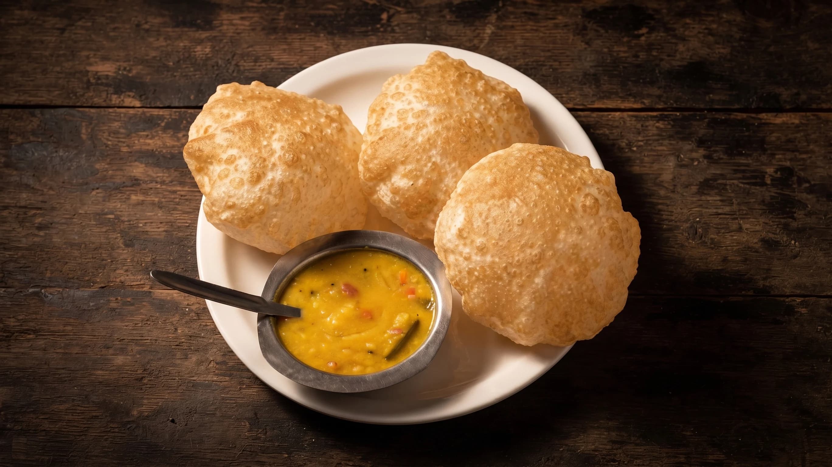 Golden puffed puri served with potato bhaji