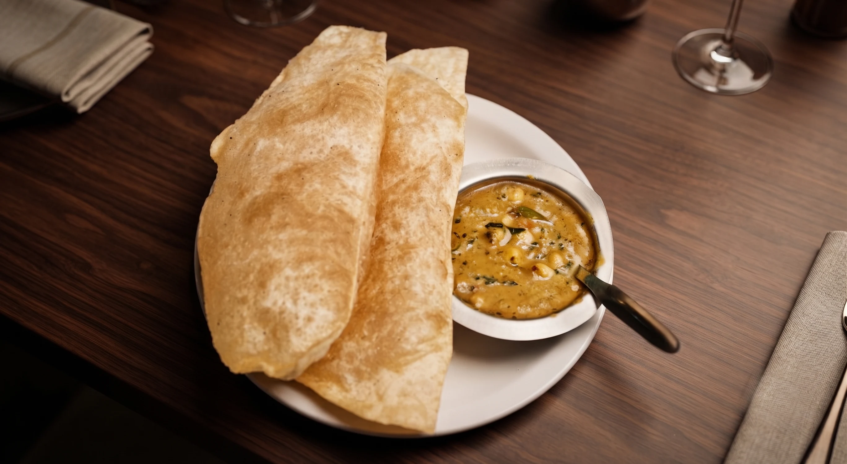 Fluffy bhatura served with spiced chickpea curry